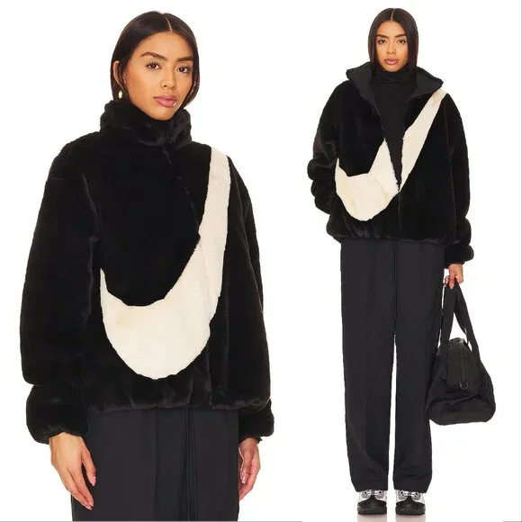 NIKE Faux Fur Plush Swoosh Teddy JACKET Size L Oversized Black Fossil Logo NEW - Picture 4 of 12